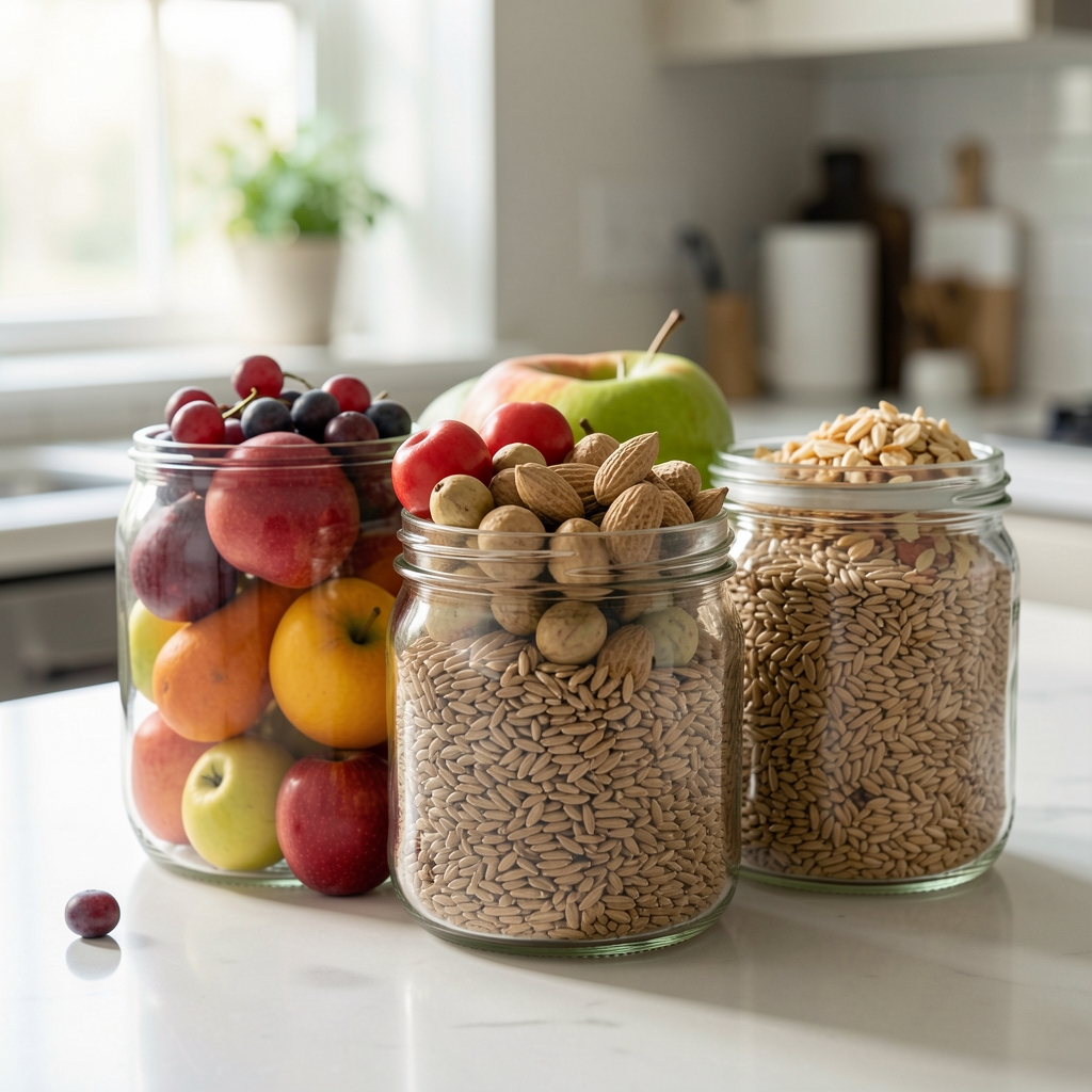 Close-up of seasonal fruits, legumes, and whole grains arranged in glass jars on a kitchen counter with natural light