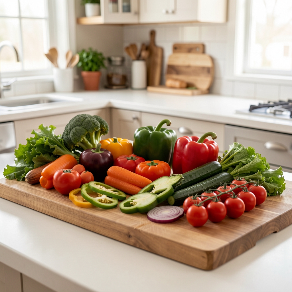 Colourful seasonal vegetables laid out on a wooden cutting board in a bright kitchen, ready for preparation