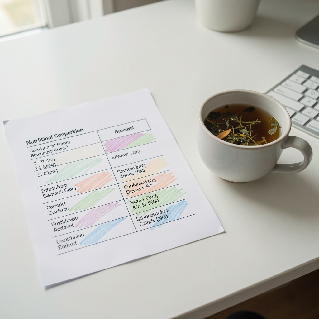 Nutritional composition breakdown chart on paper with coloured pencil annotations next to a cup of herbal tea on a white desk