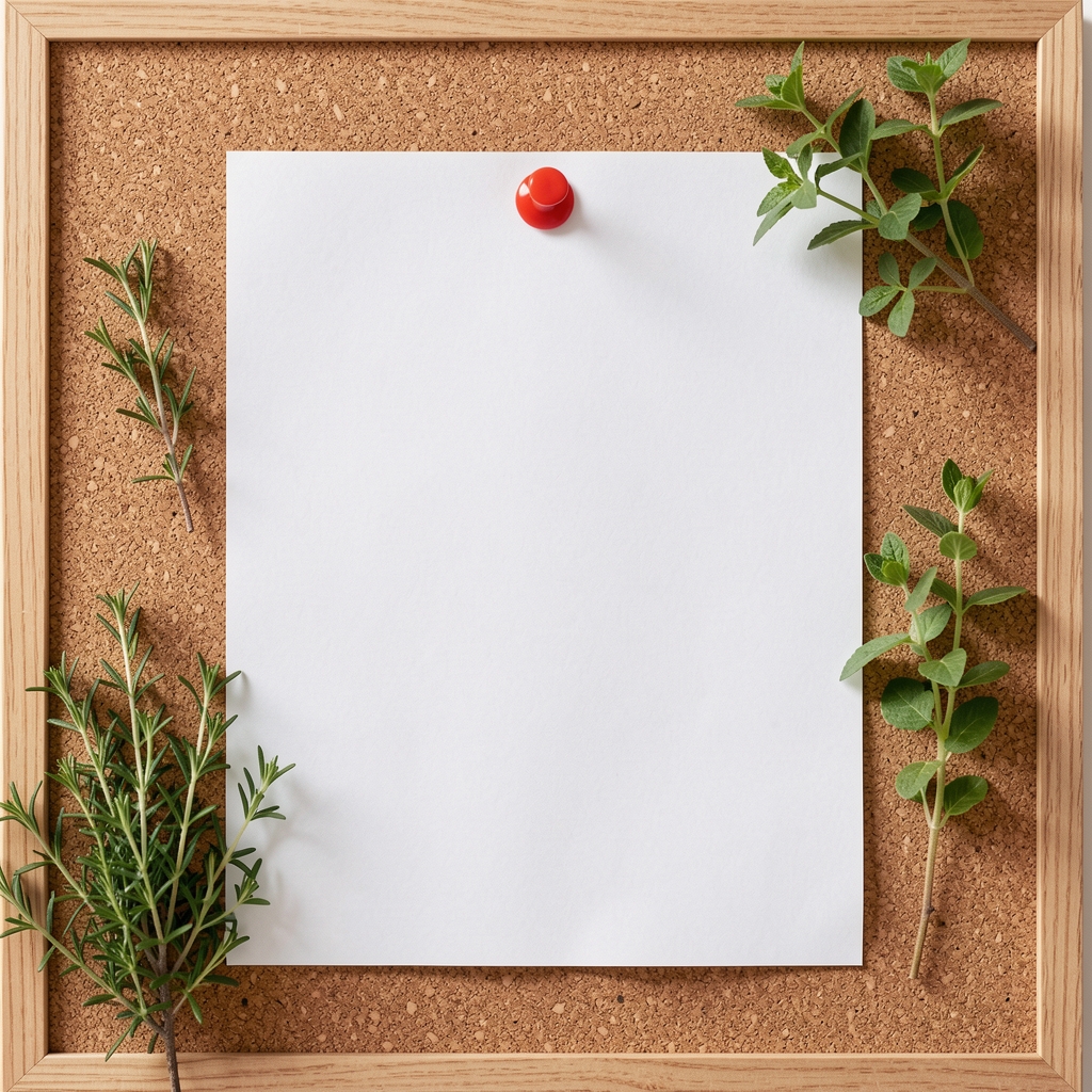 Printed meal adjustment plan with three highlighted items pinned to a cork board alongside fresh herb sprigs