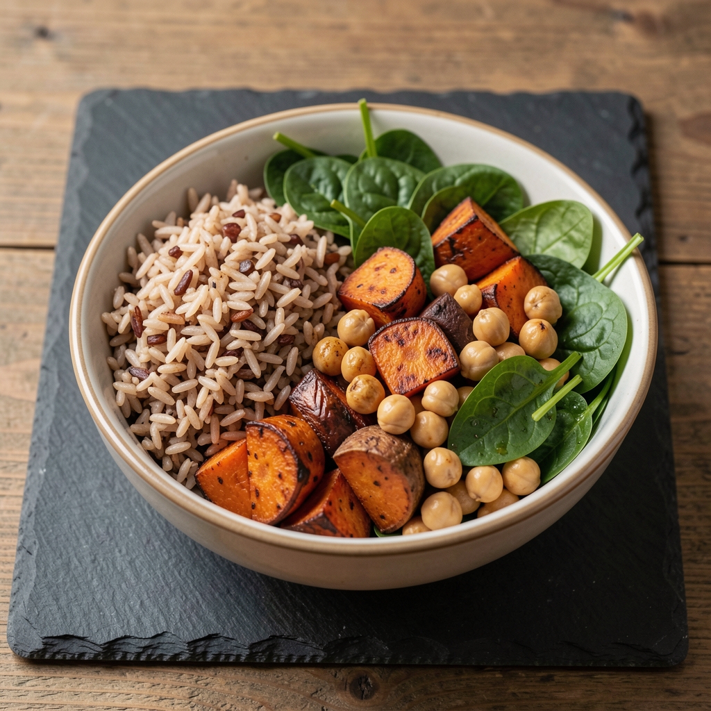 Colourful bowl of balanced meal with brown rice, roasted root vegetables, chickpeas, and fresh spinach on a slate plate