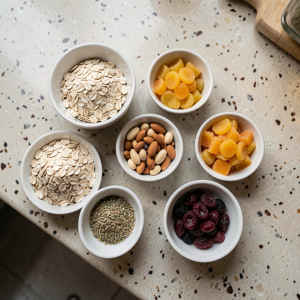 Overhead view of a kitchen worktop with portioned ingredients in small bowls including oats, nuts, seeds, and dried fruit for balanced morning meal preparation
