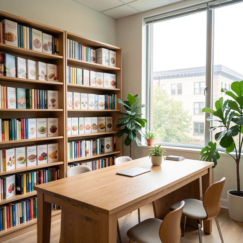 Wide view of a quiet nutrition consultation studio with bookshelves of food science references, a wooden table, and green plants near a large window